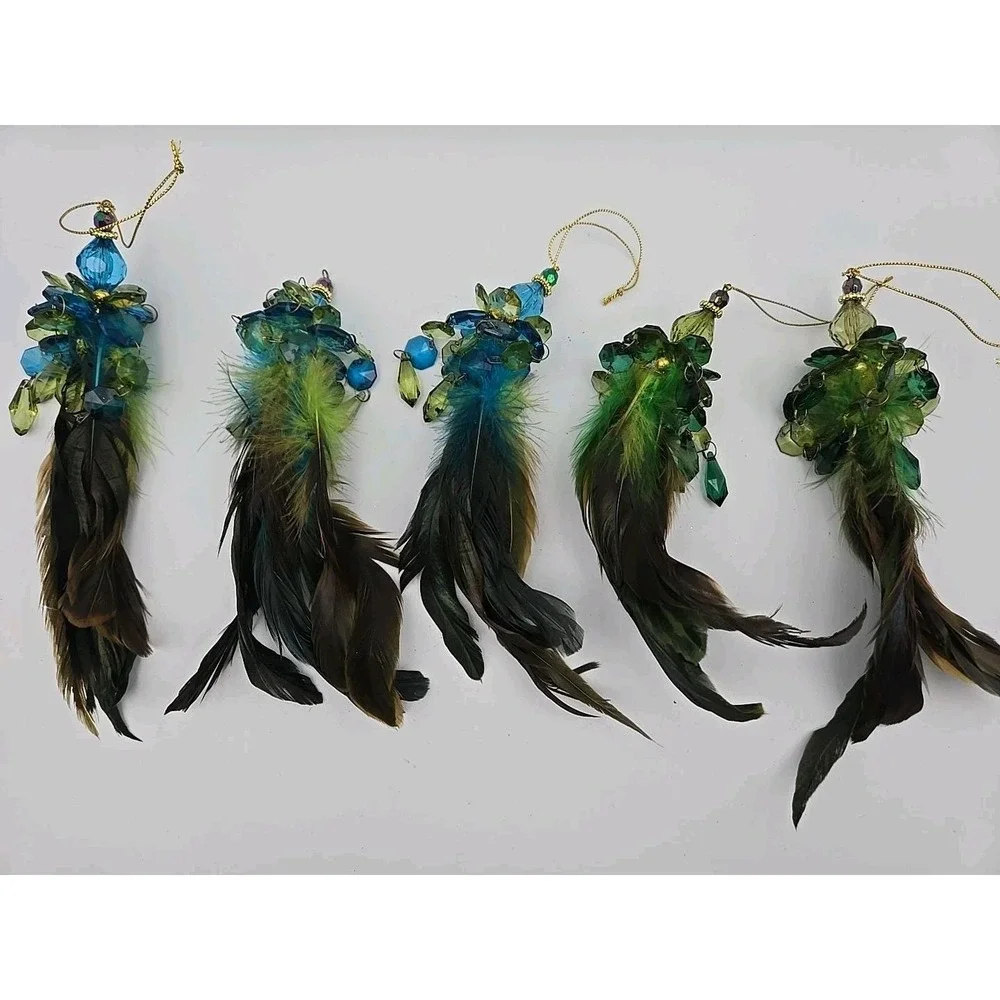 Holiday Time Green Feather Christmas Ornaments Lot Blue & Green Crystal Boho 5pc